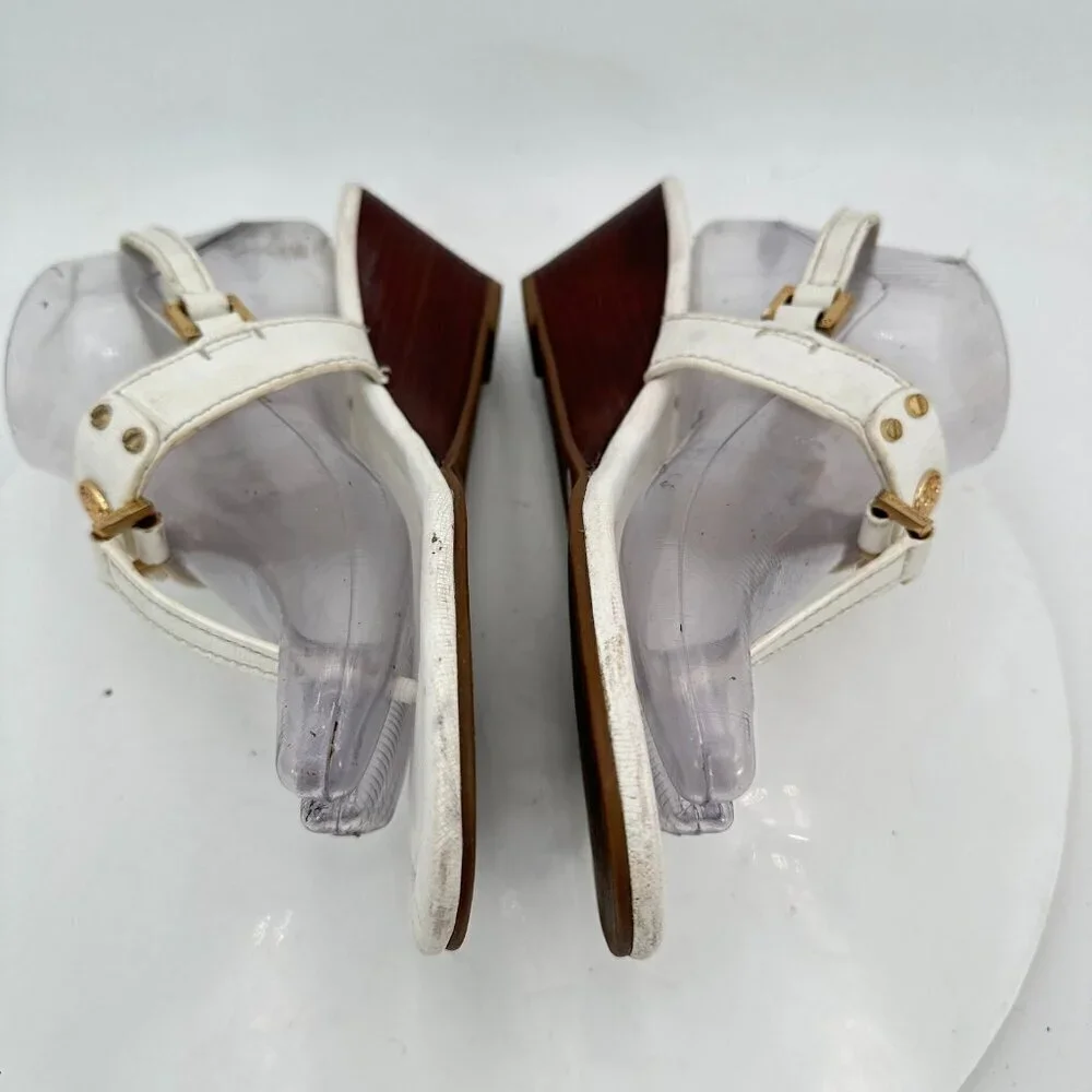 Tory Burch Women Size 8.5M White Leather Robinson T Strap Wedges Sandal